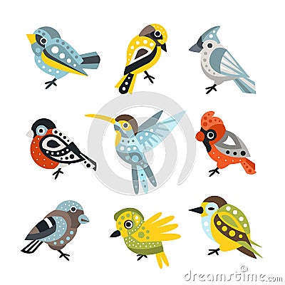 Small Bird Species, Sparrows And Hummingbirds Set Of Decorative Artistic Design Wild Animals Vector Illustrations Vector Illustration