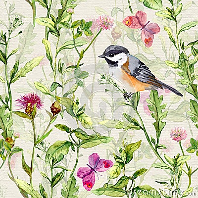 Small bird, spring meadow grass, flowers, butterflies. Repeating pattern. Watercolor Stock Photo