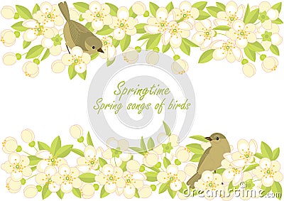 Small birds and spring blossoming branches Vector Illustration