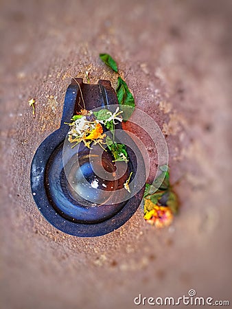 A small, black shiva-lingam made from stone and covered in flowers and bel leaves. Stock Photo