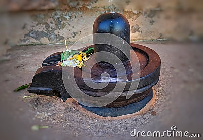 A small, black shiva-lingam made from stone and covered in flowers and bel leaves. Stock Photo