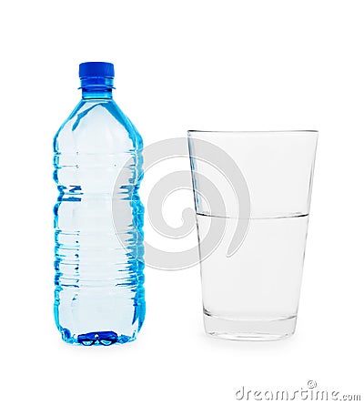 Small blue botlle and big glass with water Stock Photo