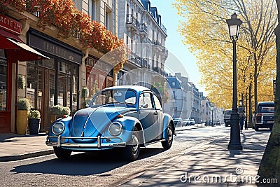 Small blue car on the street of Paris. Mini mobility Stock Photo