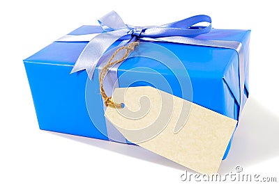 Small blue christmas or birthday present, gift tag or blank manila label, isolated on white background Stock Photo