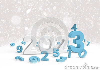 2023 with small blue number as new year math on snow background Stock Photo