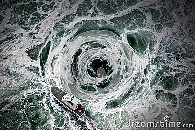 Small boat escape from the horrible whirlpool, top view. Stock Photo