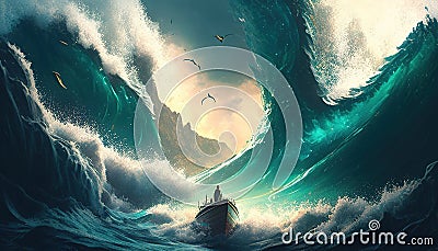 A small boat facing giant waves, a fantasy of courage illustrated in a breathtaking and adventurous scene Stock Photo