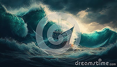 A small boat facing giant waves, a fantasy of courage illustrated in a breathtaking and adventurous scene Stock Photo