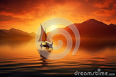 Small boat sailing across serene lake at dawn. Generative AI Stock Photo