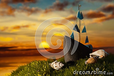 Small boat with shells on the moss at sunset Stock Photo