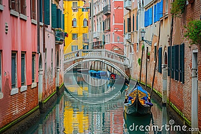 Small Boat Traveling Down Narrow Canal, Peaceful Waterway Scene, A colorful Venetian canal with gondolas gently floating under Stock Photo
