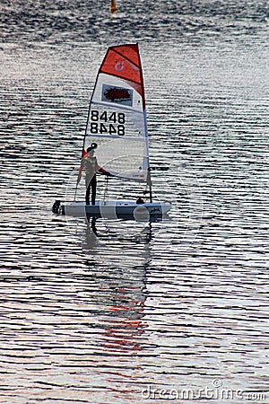 Small boat on water of Lake Te Anau, New Zealand Editorial Stock Photo