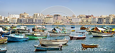 Small boats Anchored in Alexandria, Egypt Stock Photo