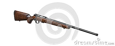 Small-bore bolt rifle in a wooden stock of .22lr. Small rifled weapon for hunting and sports. Isolate on white back Stock Photo