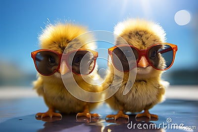 Small born bird, wearing sunglasses, captures the essence of farm Stock Photo