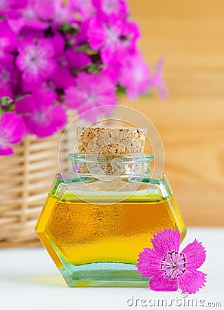 Small bottle of natural aroma oil. Spa, massage and aromatherapy. Stock Photo