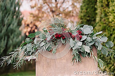 Small bouquet on easel with inviting banner Stock Photo