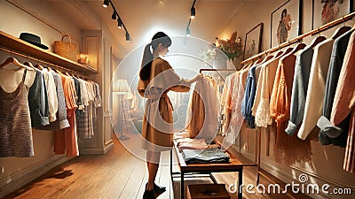 A small boutique owner arranging clothes on a display rack, seen from the back, with stylish decor and a variety of colorful Stock Photo