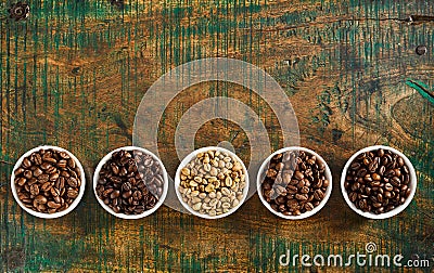 Small bowls of assorted speciality coffee beans Stock Photo