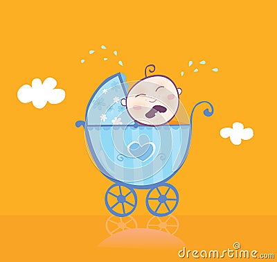 Small boy crying in pram Vector Illustration