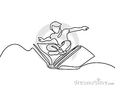 Small boy flying with book in the sky Vector Illustration