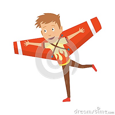 Small Boy In Pilot Costume Dreaming Of Piloting The Plane, Playing With Toys Adorable Cartoon Characters. Vector Illustration