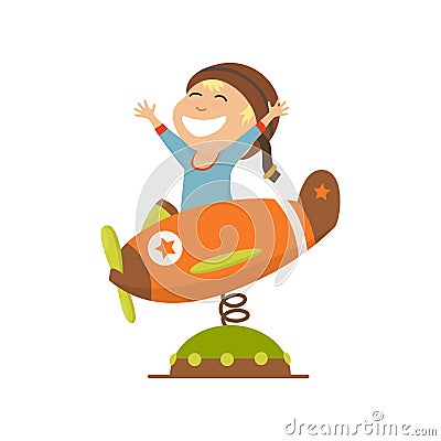 Small Boy In Pilot Costume Dreaming Of Piloting The Plane, Playing With Toys Adorable Cartoon Characters. Vector Illustration