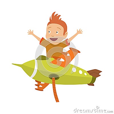 Small Boy In Pilot Costume Dreaming Of Piloting The Plane, Playing With Toys Adorable Cartoon Characters. Vector Illustration