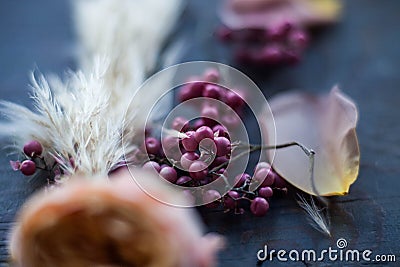 A small branch of mountain ash is on the table. Stock Photo