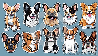 Small breed dogs stickers. Chihuahua, french Bulldog, Cavalier King Charles Spaniel, Welsh Corgi, Papillon dog portrait. Stock Photo