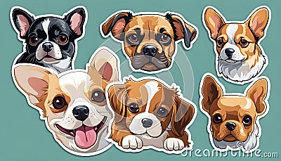 Small breed dogs stickers. Chihuahua, french Bulldog, Cavalier King Charles Spaniel, Welsh Corgi, Papillon dog portrait. Stock Photo