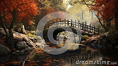 small bridge over a stream surrounded by autumn leaves Stock Photo