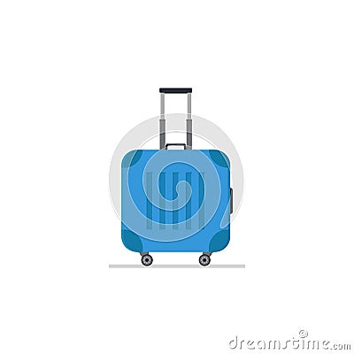 Bright blue plastic suitcase on wheels with telescopic handle. Polycarbonate luggage. Tourist baggage. Flat vector design Vector Illustration