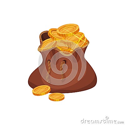 Small brown bag full of golden coins. Concept of finance. Pirate treasures. Symbol of wealth. Cartoon vector icon in Vector Illustration