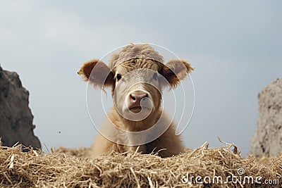 a small brown cow laying in a pile of hay Stock Photo