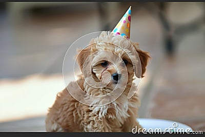 Small Brown Dog in Birthday Hat. Generative AI Stock Photo