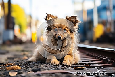 a small brown dog sitting on a railroad track Stock Photo