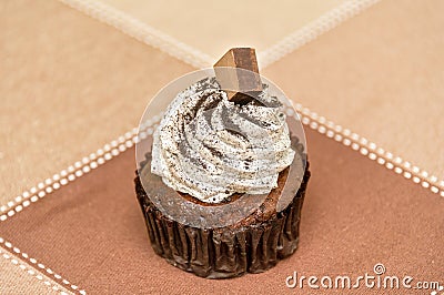 Small browny cake with whipping cream and piece of chocolate on the top Stock Photo