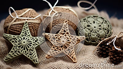 small burlap christmas ornaments with lace and ribbon, in the style of symmetrical asymmetry, aykut aydogdu, eye Stock Photo