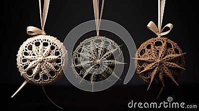 small burlap christmas ornaments with lace and ribbon, in the style of symmetrical asymmetry, aykut aydogdu, eye Stock Photo