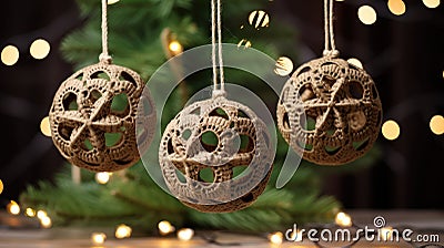 small burlap christmas ornaments with lace and ribbon, in the style of symmetrical asymmetry, aykut aydogdu, eye Stock Photo