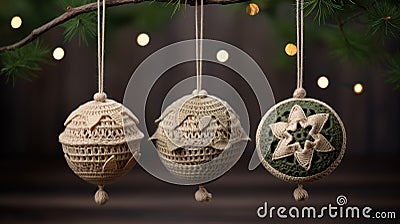 small burlap christmas ornaments with lace and ribbon, in the style of symmetrical asymmetry, aykut aydogdu, eye Stock Photo