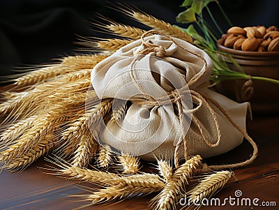 Barley Grains in a Small Burlap Sack Stock Photo