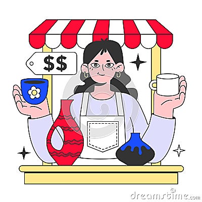 Small business. Artist or craft person selling handmade items at the craft Vector Illustration