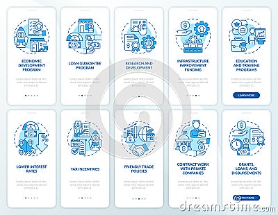 Small business incentives blue onboarding mobile app screen set Vector Illustration