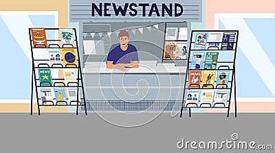 Small business. Newspapers and magazines trading. Salesman at street shop counter. Outdoor store showcase. Local urban Vector Illustration