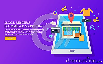 Small business optimization, ecommerce store, digital marketing, online shopping. Vector Illustration