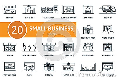 Small business outline icons set. Creative icons: market, pet shop, taxi station, clothing market, car wash, delivery Vector Illustration