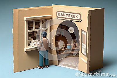 Small business owner at entrance looking at camera , An illustrated storybook imitation in which everything is made of cardboard Stock Photo