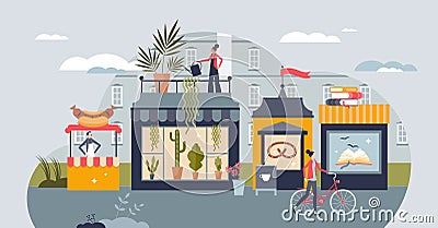 Small business owners and local places for retail shops tiny person concept Vector Illustration